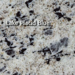 Close-up of Lake Placid Blue granite with cream, black, and gray speckles.