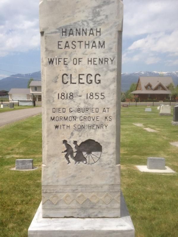 Marble headstone of Hannah Eastham Clegg (1818-1855), buried at Mormon Grove, KS, with her son Henry.
