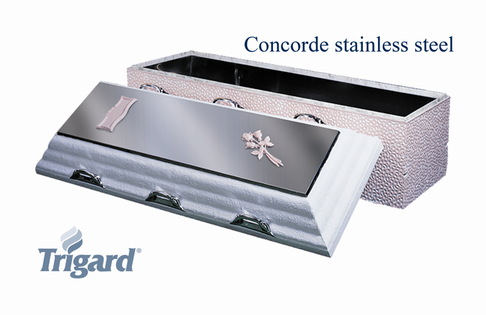 Open stainless steel burial vault, Concorde model by Trigard. Gray and silver colors.