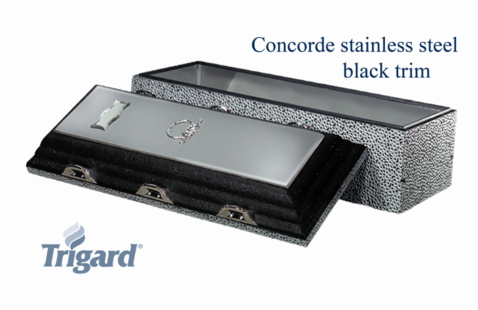 Concorde stainless steel casket with a black trim, from Trgard. Open lid displaying interior.