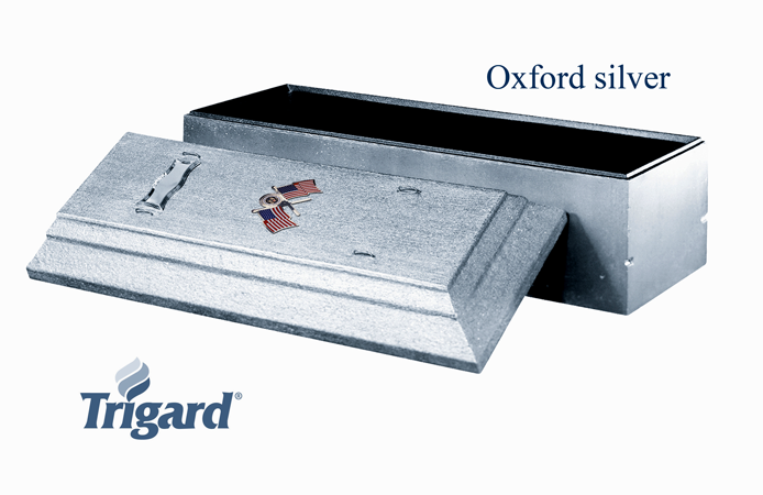 Oxford silver Trigard burial vault with open lid.