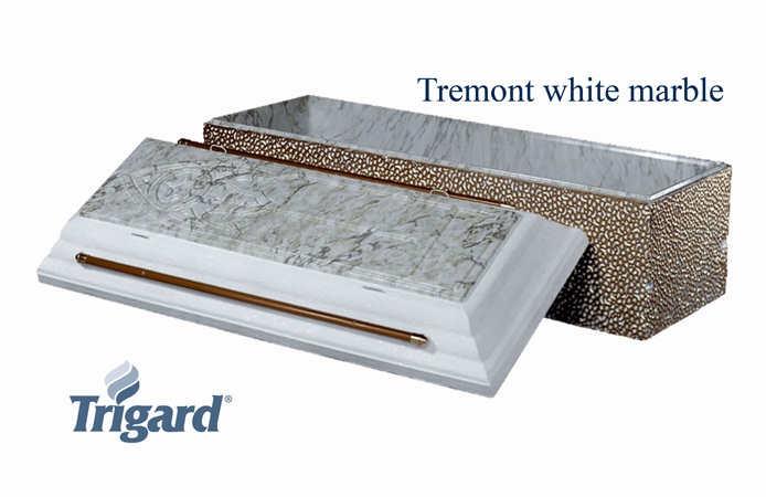 White marble burial vault, Tremont, with bronze accents, from Trigard.