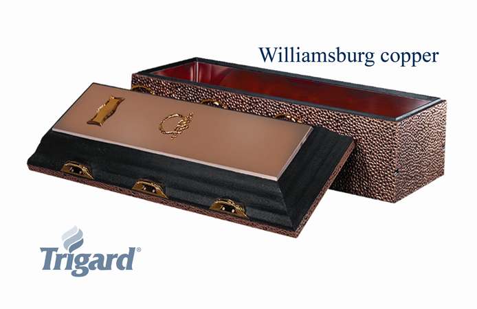 Copper and black Williamsburg coffin with open lid, made by Trigard.