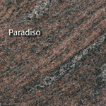 Paradiso granite with red, brown, and gray mineral patterns.