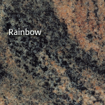 Rainbow granite with black, brown, and tan swirls and flecks.