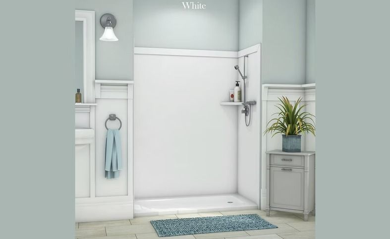 White shower stall in a bathroom with blue-green walls, a potted plant, and a small cabinet. A blue rug is in front.