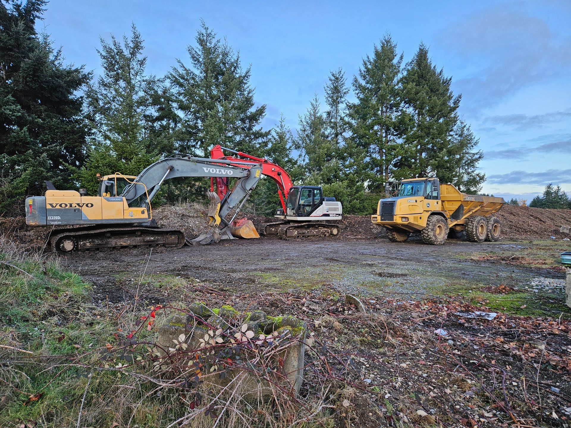 Heavy machinery (excavators and dump truck) clearing a forested area.