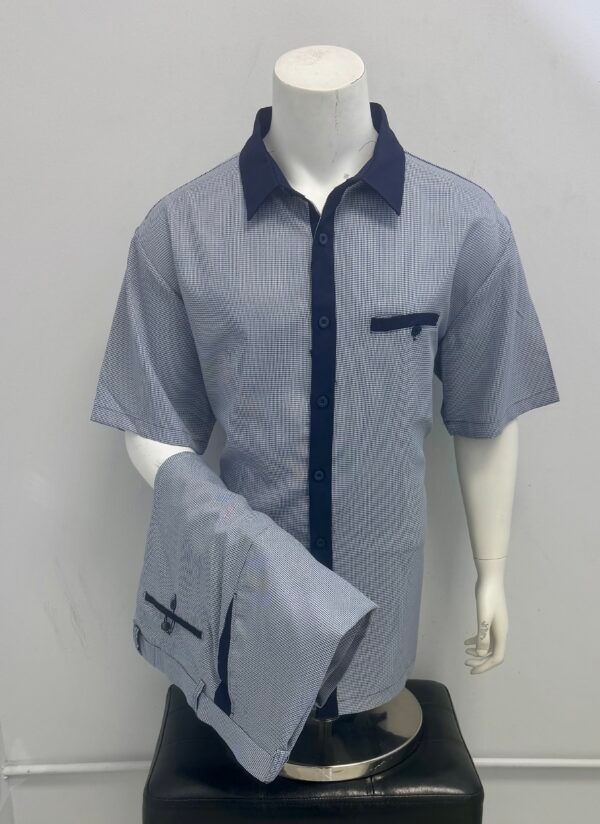 A mannequin wearing a blue and white striped shirt and pants