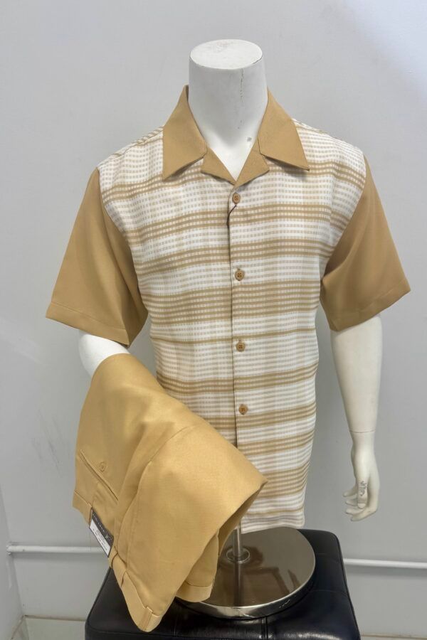 A mannequin is wearing a tan and white striped shirt and pants.