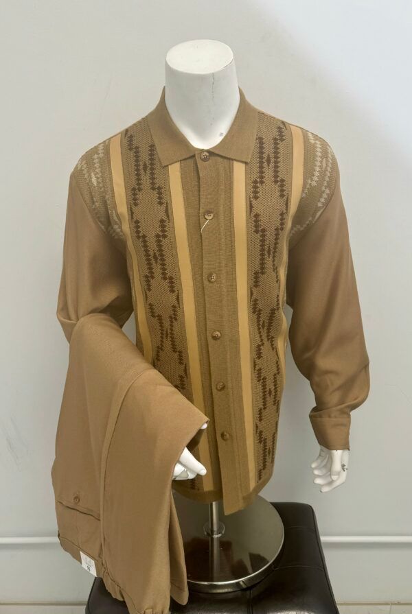 A mannequin is wearing a tan suit with a striped shirt and pants.