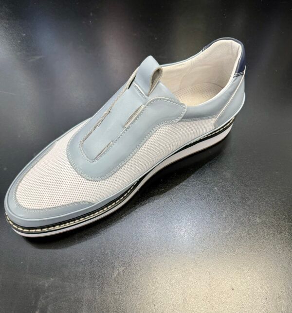A pair of white and blue shoes on a black surface