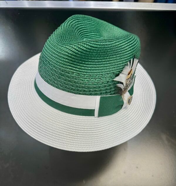 A green and white hat with feathers on it