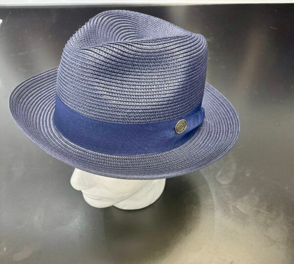 A blue fedora hat is on a mannequin head.