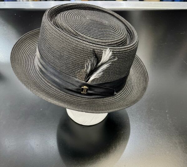 A black fedora hat with a feather on it
