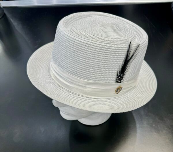 A white hat with a black feather sits on a mannequin head