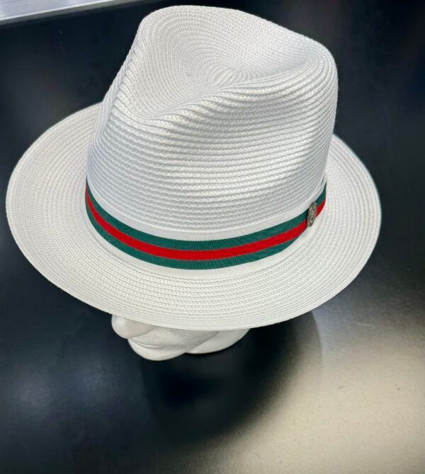 A white fedora hat with a red and green stripe