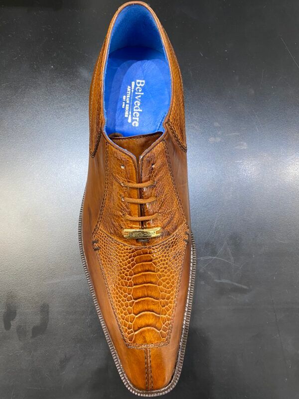 A pair of brown shoes with a blue insole that says richmond
