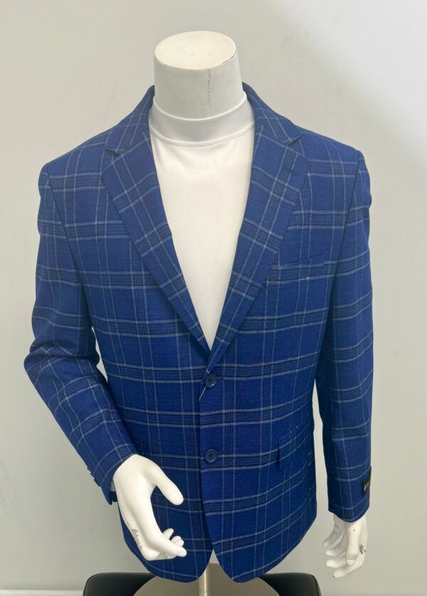 A blue plaid jacket is on a mannequin