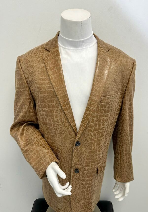 A mannequin wearing a brown jacket and a white turtleneck
