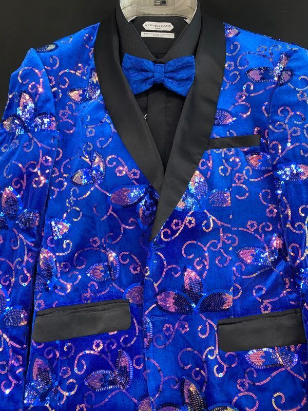 A blue tuxedo jacket with a blue bow tie