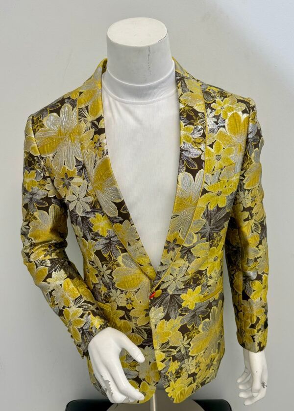A mannequin is wearing a yellow floral jacket