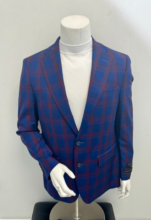 A blue and red plaid jacket is on a mannequin.