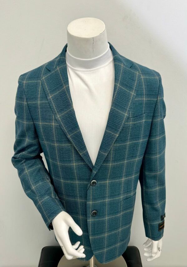 A mannequin wearing a blue plaid jacket and a white shirt