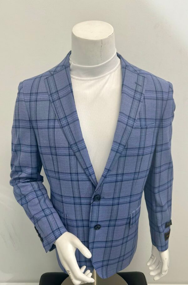 A mannequin is wearing a blue plaid jacket