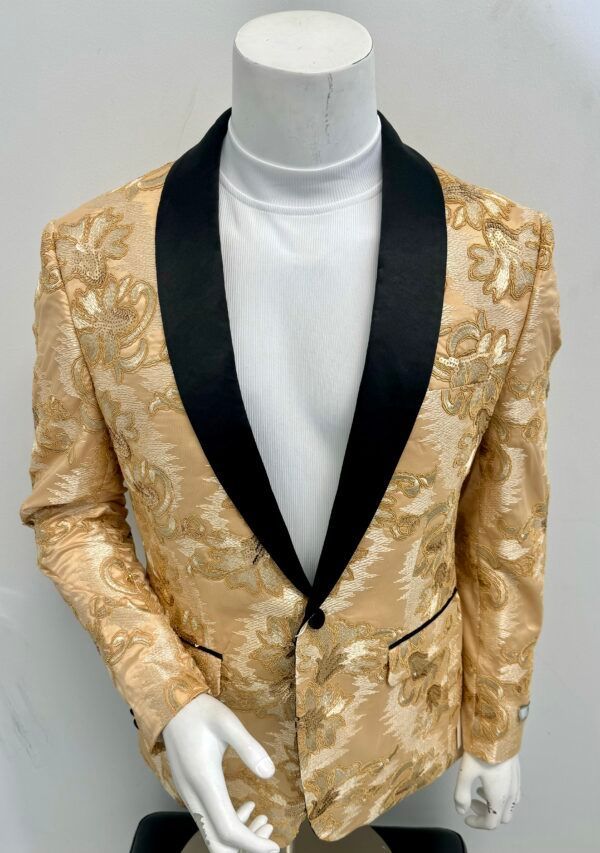 A mannequin is wearing a gold tuxedo jacket with a black collar