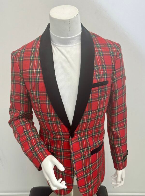 A red plaid jacket is on a mannequin