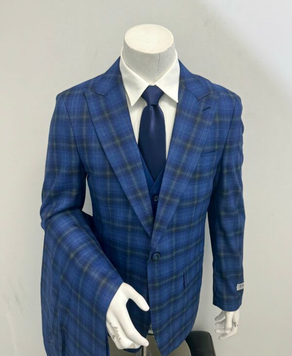 A mannequin wearing a blue plaid suit and tie