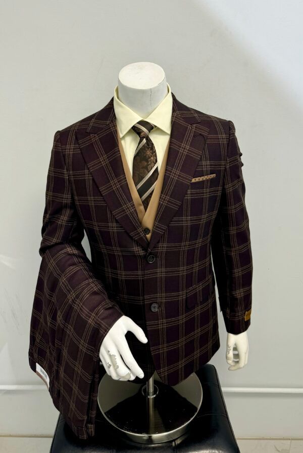 A mannequin is wearing a purple plaid suit and tie.