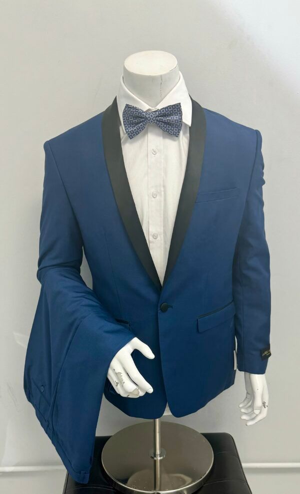 A blue tuxedo with a black shawl collar and a bow tie is on a mannequin.