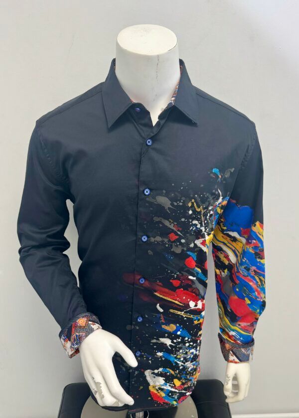 A black shirt with a colorful design on the sleeves is on a mannequin.