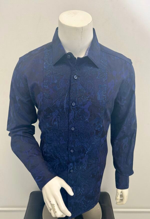 A man is wearing a blue shirt on a mannequin.