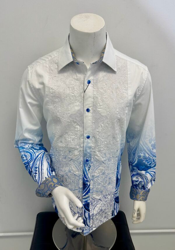 A white shirt with blue paisley on the sleeves is on a mannequin.