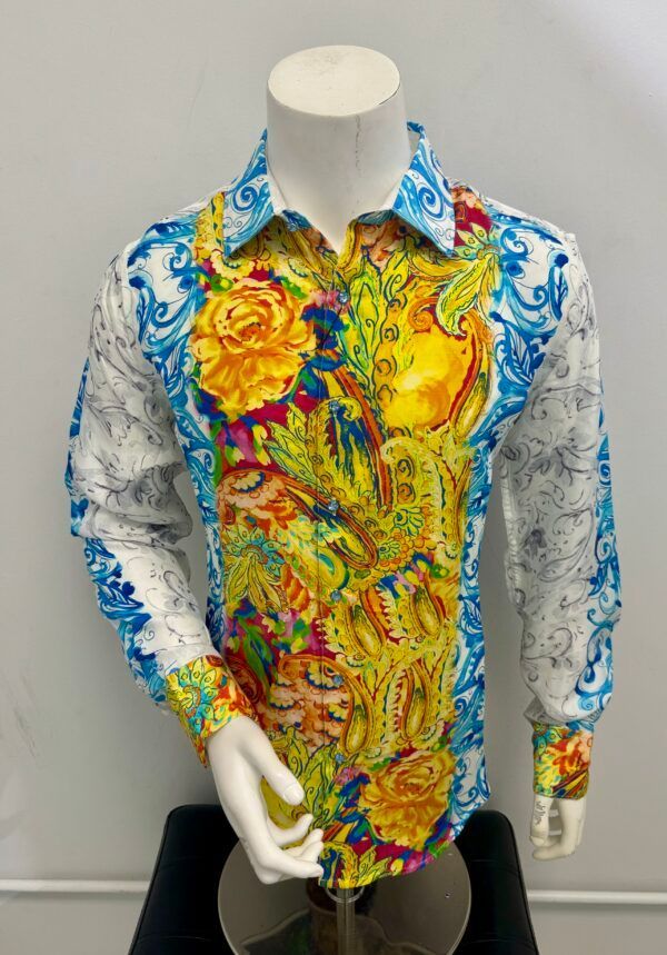 A man is wearing a colorful shirt on a mannequin.