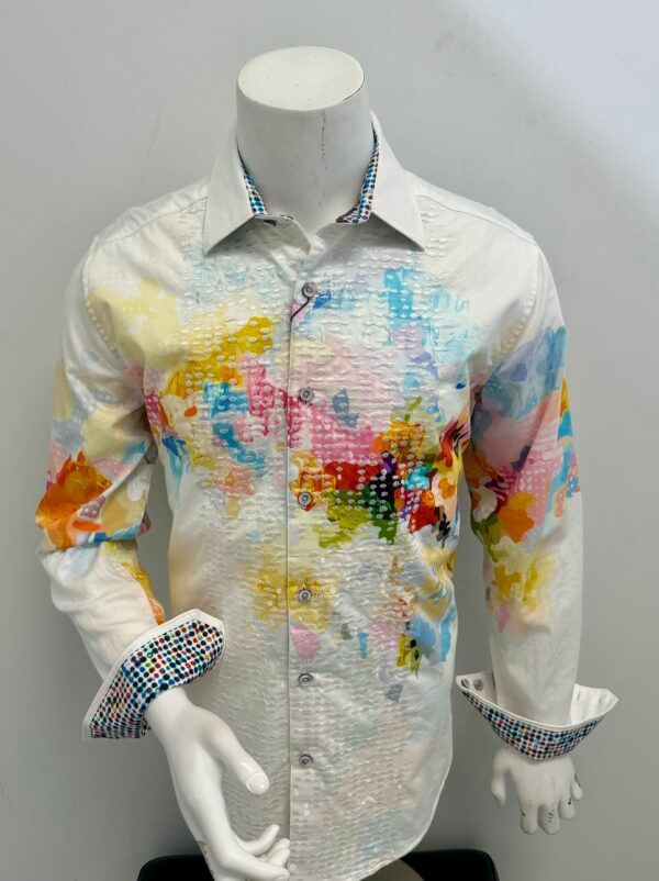 A mannequin wearing a white shirt with a colorful painting on it