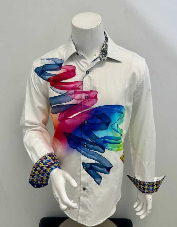 A mannequin is wearing a white shirt with a colorful design on it