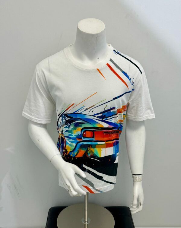 A mannequin is wearing a white t-shirt with a picture of a car on it