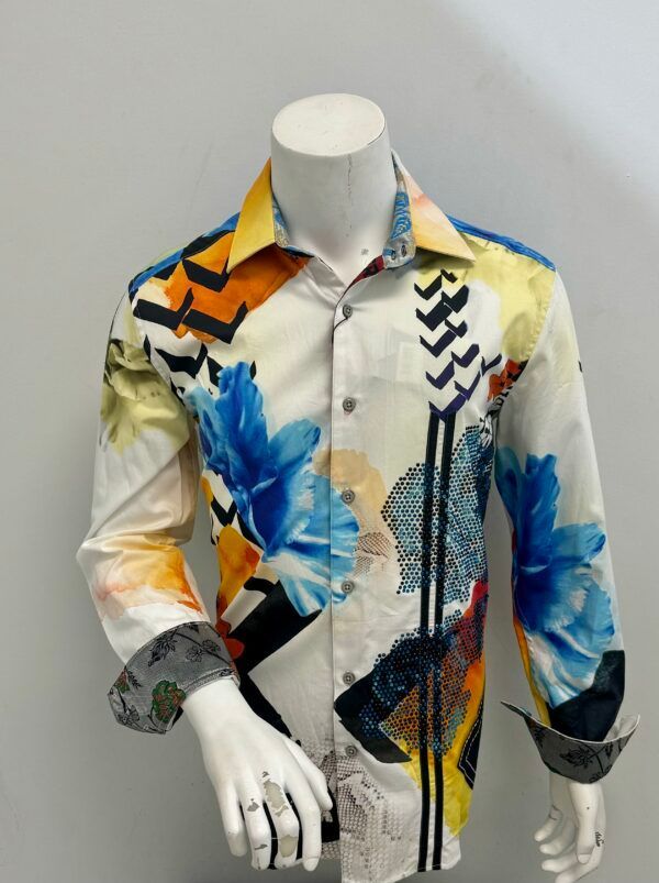 A mannequin is wearing a white shirt with blue and yellow flowers on it