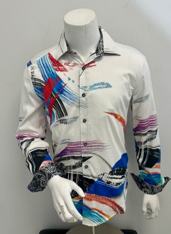 A mannequin is wearing a white shirt with a colorful pattern on it.