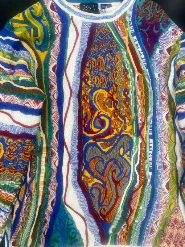 A close up of a colorful sweater with a pattern on it