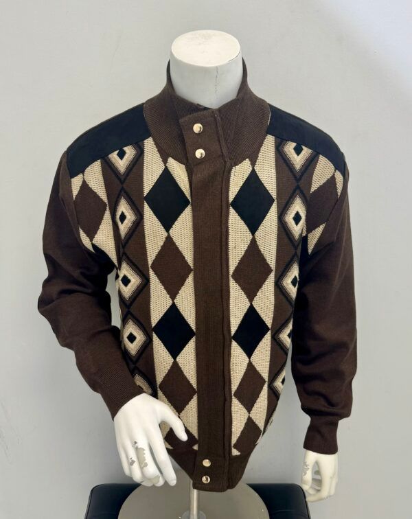 A mannequin is wearing a brown and white sweater
