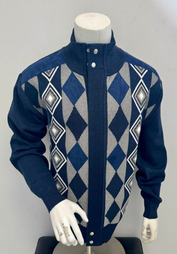 A mannequin is wearing a blue sweater with diamonds on it