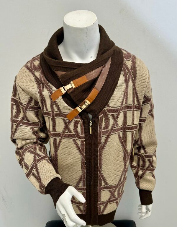 A mannequin is wearing a sweater with a scarf around its neck
