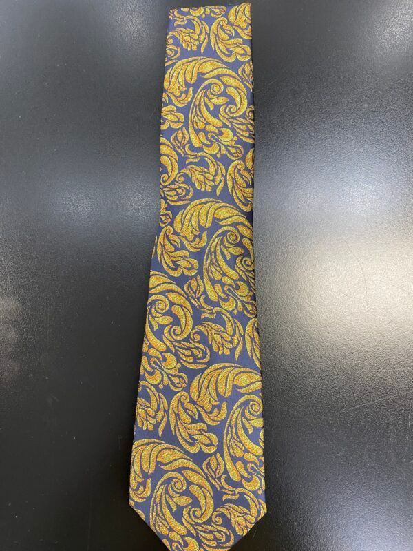 A blue and gold tie with a pattern on it