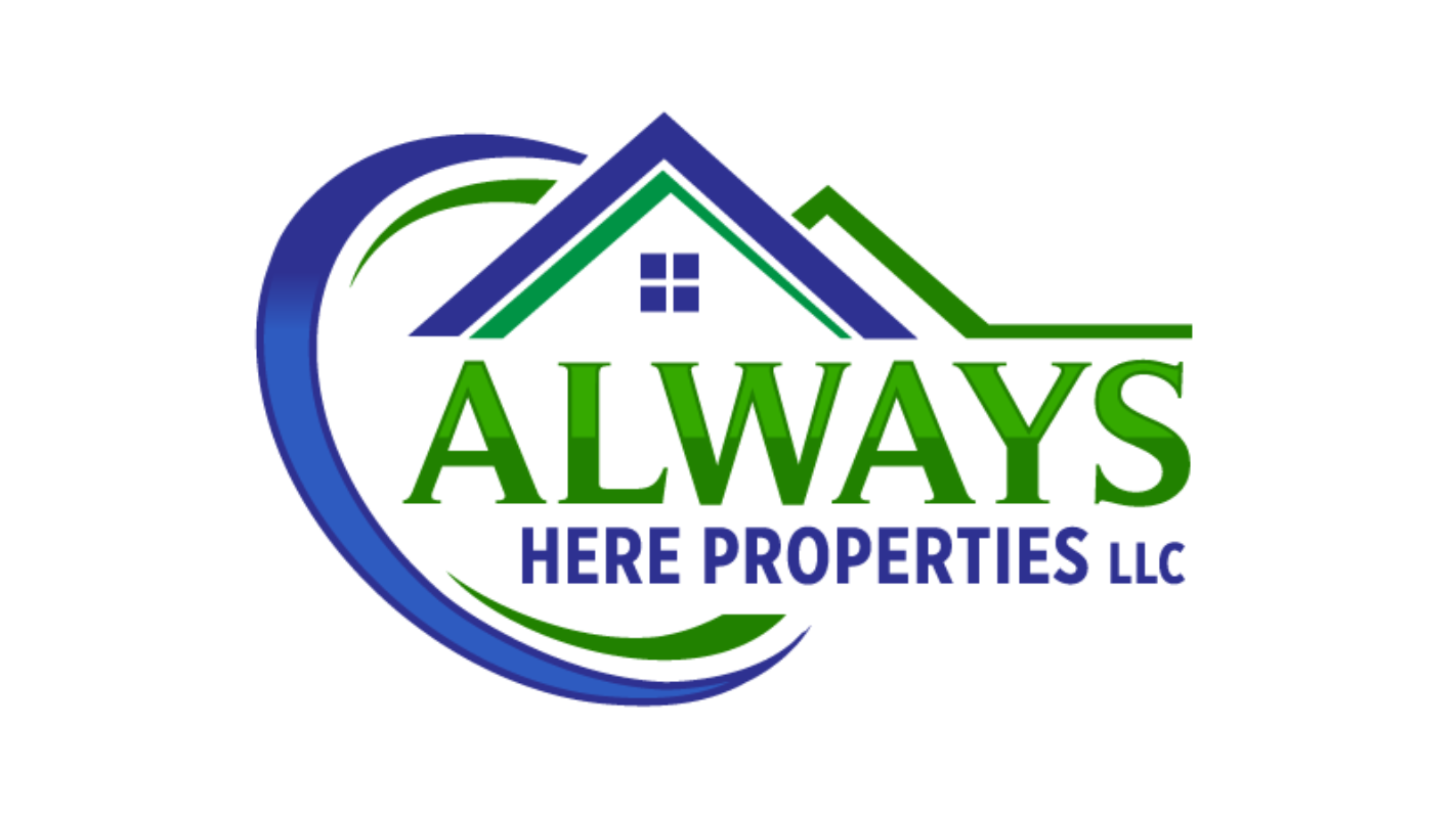 Logo of Always Here Properties LLC with house icon within a blue and green crescent shape.