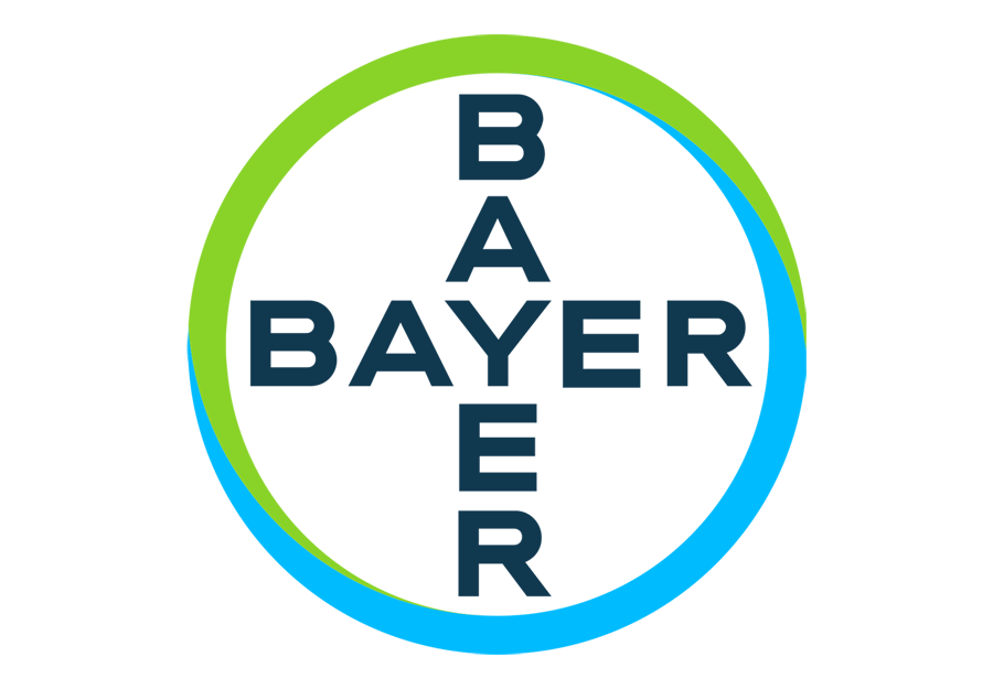 Bayer logo: Blue and green ring surrounding the word BAYER in dark blue.