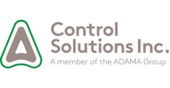 Logo for Control Solutions Inc., a member of the ADAMA Group. Features a grey and green triangular shape next to grey text.